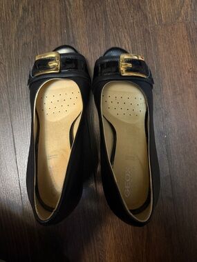 Geox Black Flats with Gold Buckle Accent